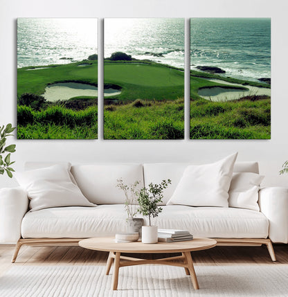 48473947-MGV-CV-36X24-Ocean Golf Course Wall Art – Panoramic Green Fairway Canvas Print, Coastal Golf Landscape Photography Sports Decor for Office, Man