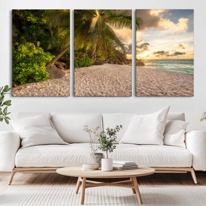 89531159-MGV-CV-36X24-Tropical Beach Sunset Canvas Wall Art – Palm Trees Golden Sand Ocean Waves Coastal Paradise Print for Beach House Bedroom Bathroom