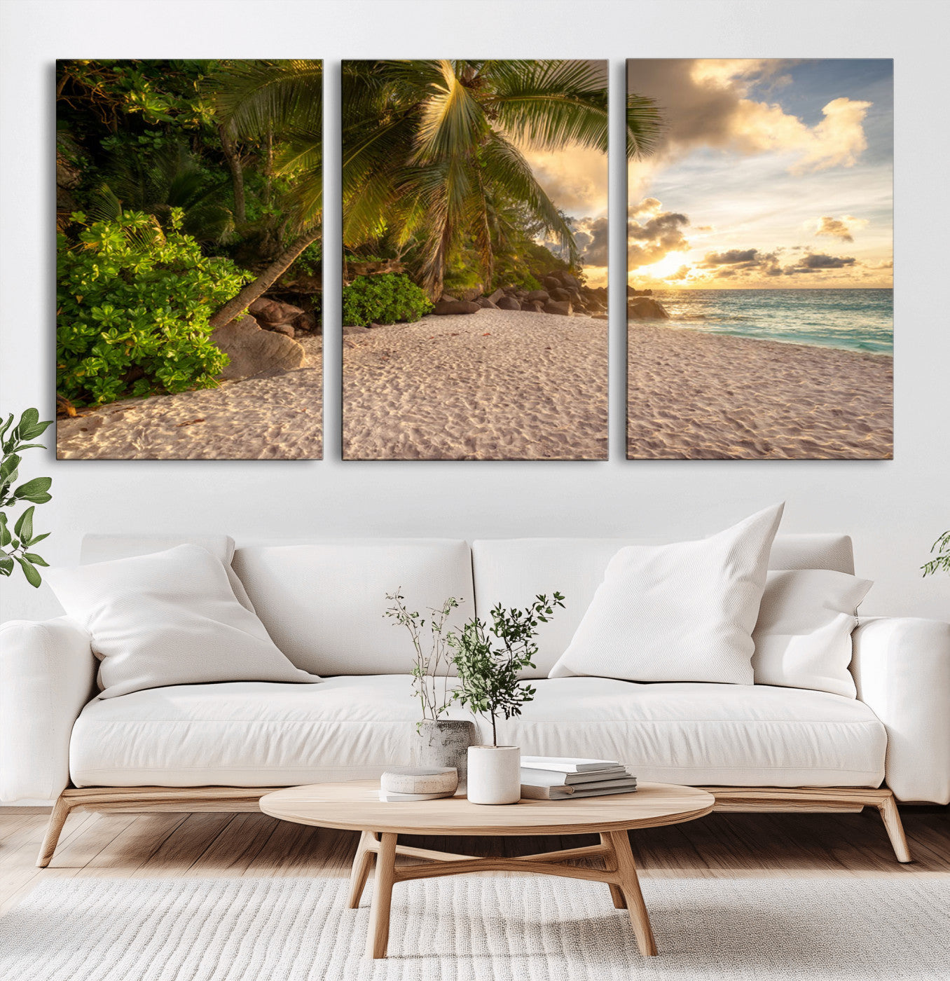 89531159-MGV-CV-36X24-Tropical Beach Sunset Canvas Wall Art – Palm Trees Golden Sand Ocean Waves Coastal Paradise Print for Beach House Bedroom Bathroom