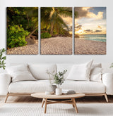 89531159-MGV-CV-36X24-Tropical Beach Sunset Canvas Wall Art – Palm Trees Golden Sand Ocean Waves Coastal Paradise Print for Beach House Bedroom Bathroom