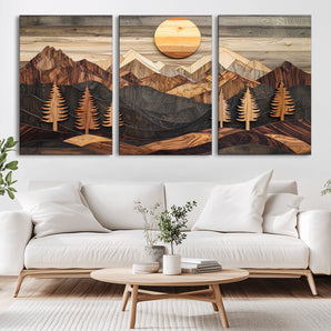 90044381-MGV-CV-36X24-Rustic Wall Art – Wooden Mountain Landscape with Sun and Pine Trees, Handcrafted Nature Canvas Style Decor for Bedroom, Living