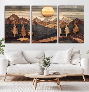 90044381-MGV-CV-36X24-Rustic Wall Art – Wooden Mountain Landscape with Sun and Pine Trees, Handcrafted Nature Canvas Style Decor for Bedroom, Living