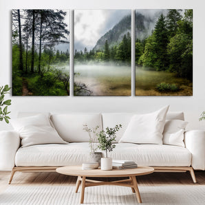 93123937-MGV-CV-36X24-Landscape Wall Art – Misty Mountain Lake Canvas Print, Tranquil Forest and Waterfall Photography Decor for Bedroom, Living Room,
