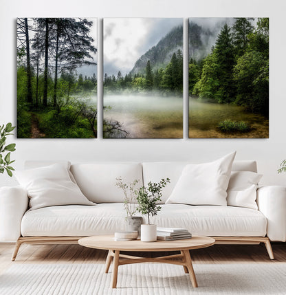93123937-MGV-CV-36X24-Landscape Wall Art – Misty Mountain Lake Canvas Print, Tranquil Forest and Waterfall Photography Decor for Bedroom, Living Room,