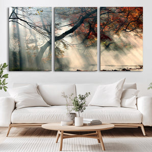 36043878-MGV-CV-36X24-Autumn Forest Wall Art – Sunlight Through Trees Canvas Print, Misty Woodland Fall Colors Photography Decor for Bedroom, Living
