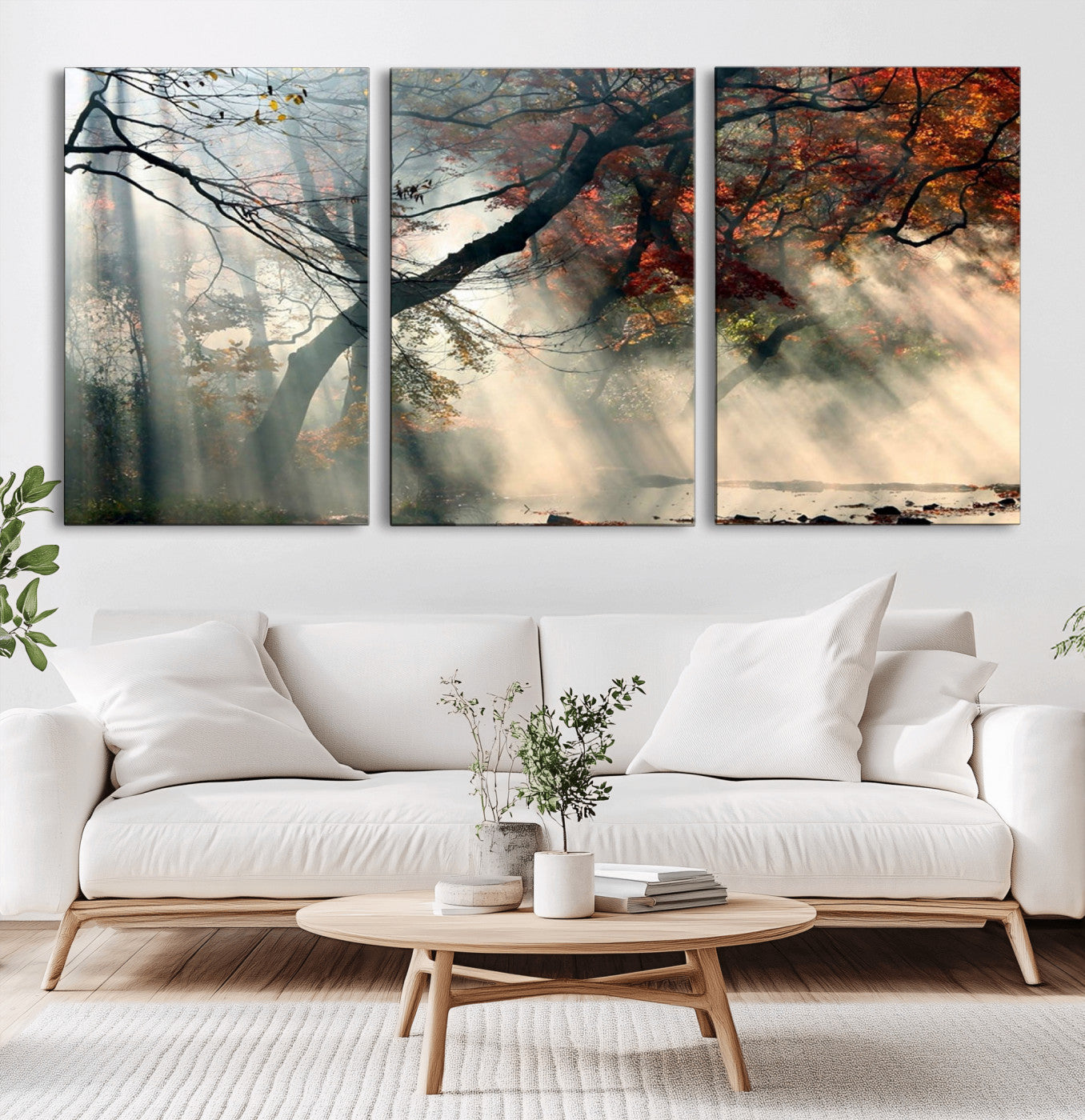 36043878-MGV-CV-36X24-Autumn Forest Wall Art – Sunlight Through Trees Canvas Print, Misty Woodland Fall Colors Photography Decor for Bedroom, Living