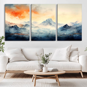 WRM1005-MGV-CV-36X24-Mountain Landscape Wall Art – Panoramic Watercolor Canvas Print, Abstract Nature Decor for Living Room, Office, Bedroom or Cabin
