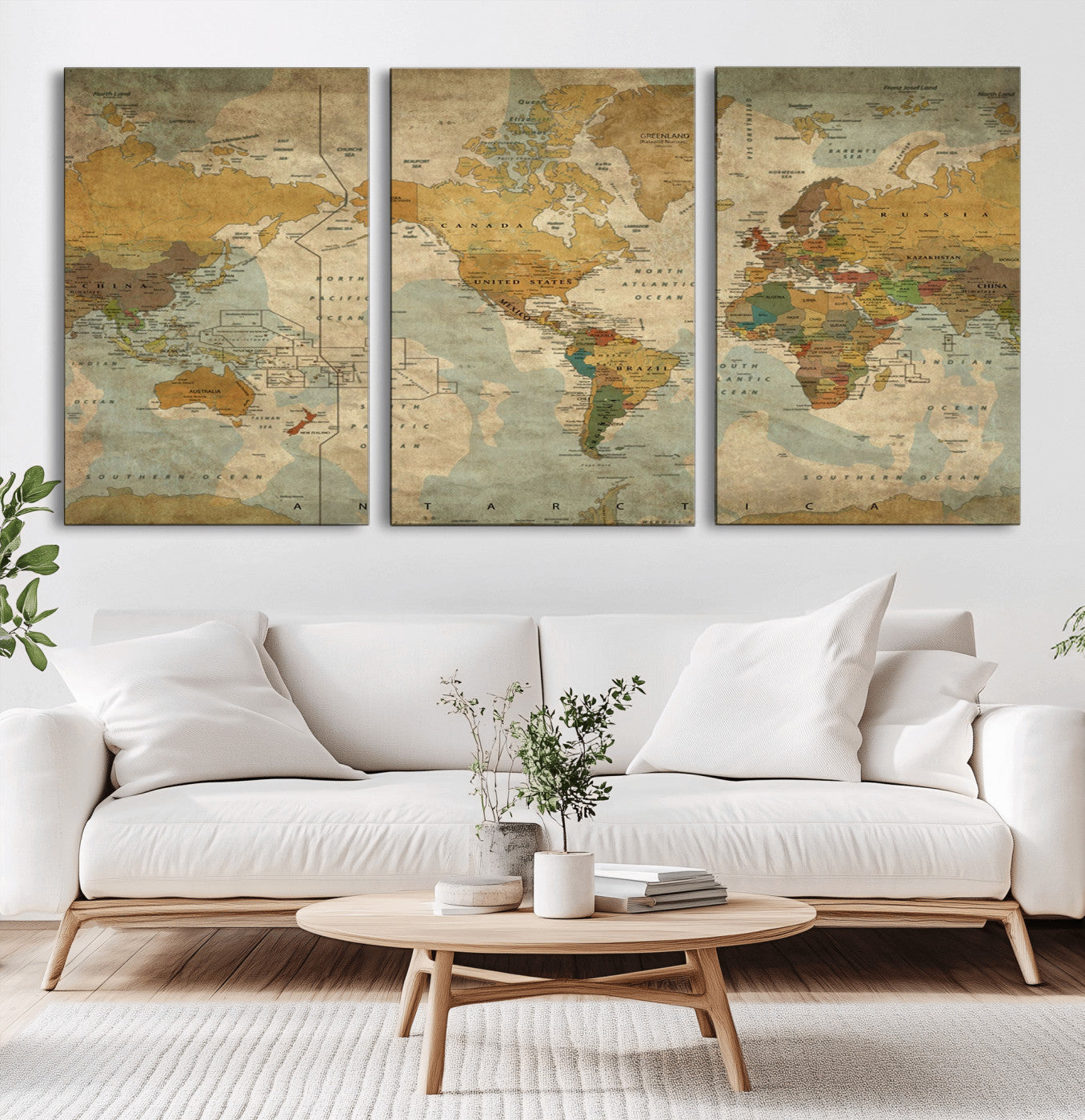 MGV-CV-60X30-3P - Vintage World Map Wall Art Canvas Print, Framed Antique Atlas Art Picture Print, Aged Paper Map Perfect Vintage Explorer Decor Artwork