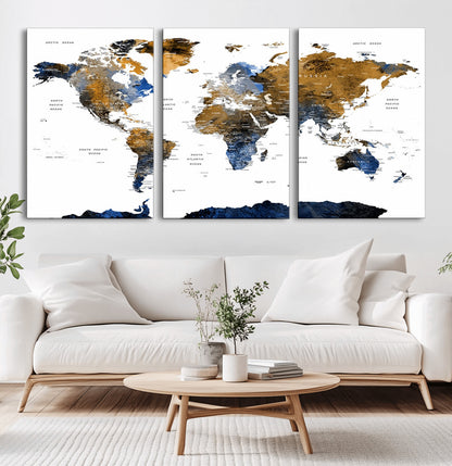 MGV-CV-60X30-3P - World Map Wall Art Canvas Print, Framed Blue Gold Map Art Picture Print, Rustic Atlas Perfect Rustic Modern Decor Artwork