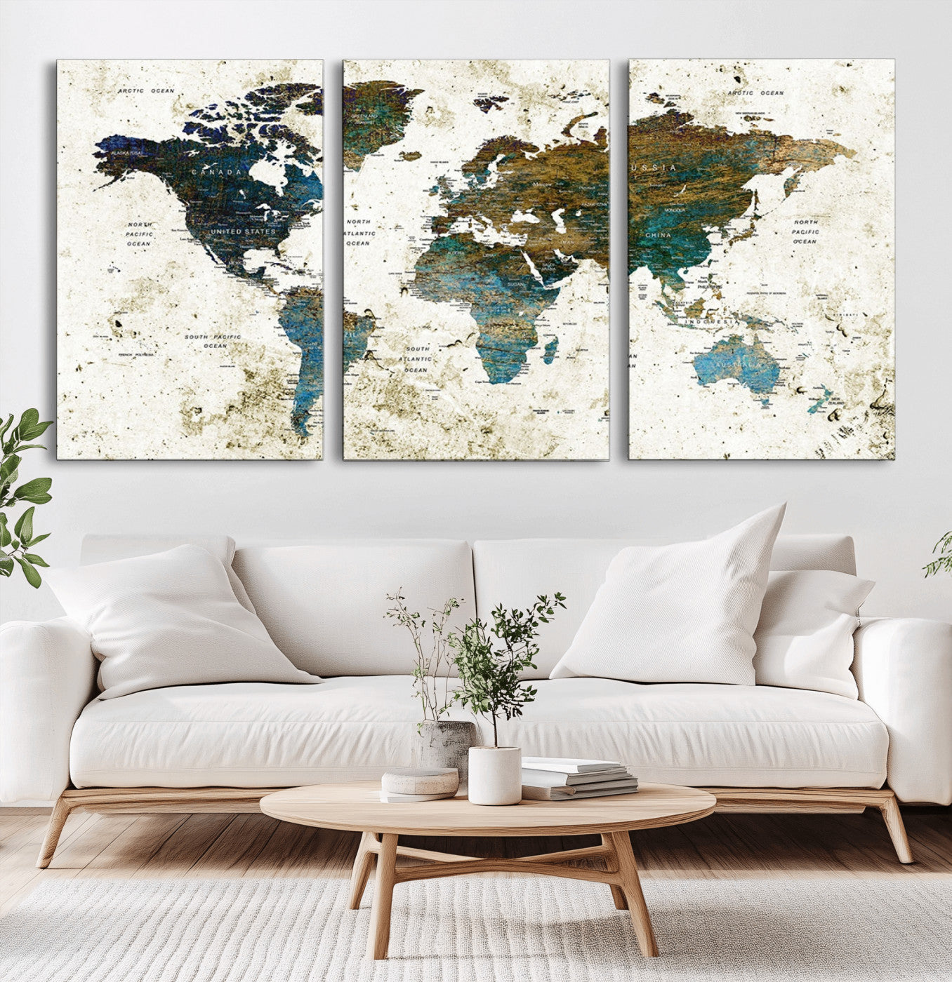 MGV-CV-60X30-3P - Vintage World Map Wall Art Canvas Print, Framed Rustic Earth Map Art Picture Print, Antique Map Perfect Rustic Vintage Decor Artwork