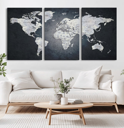 MGV-CV-60X30-3P - Monochrome World Map Wall Art Canvas Print, Framed Minimalist Map Art Picture Print, Modern Atlas Perfect Modern Minimalist Decor Artwork