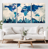 MGV-CV-60X30-3P - Blue World Map Wall Art Canvas Print, Framed Iconic Landmarks Art Picture Print, Blue Globe Map Perfect Elegant Explorer Decor Artwork