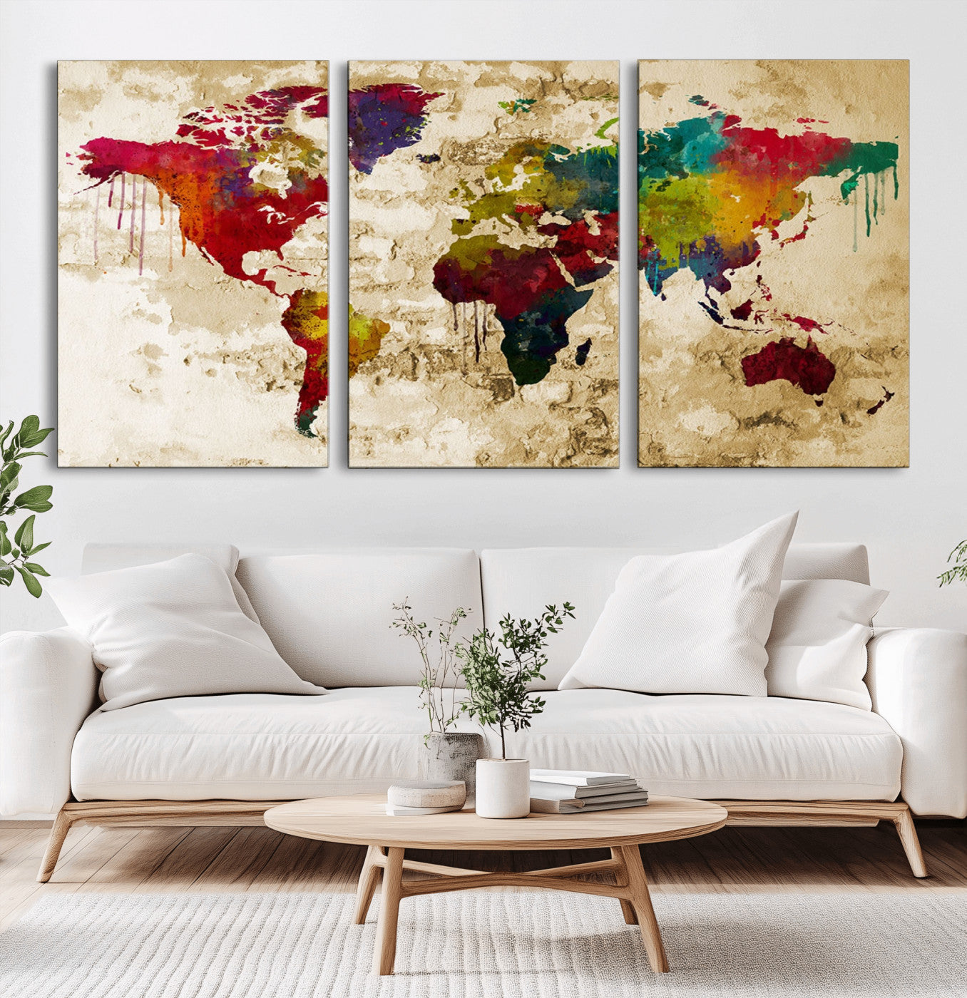 MGV-CV-60X30-3P - Multicolor Map Wall Art Canvas Print, Framed Watercolor Continents Art Picture Print, Colorful World Map Perfect Rustic Modern Decor Artwork