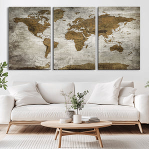 MGV-CV-60X30-3P - Rustic World Map Wall Art Canvas Print, Framed Vintage Atlas Art Picture Print, Aged Paper Map Perfect Vintage Explorer Decor Artwork