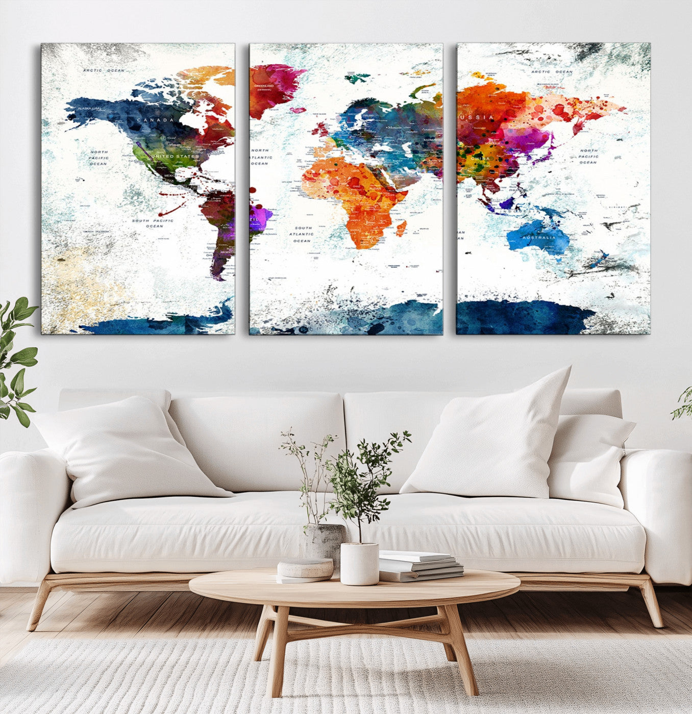 42807-MGV-CV-36X24-Colorful Abstract World Map Canvas Wall Art – Modern Watercolor Style Travel Map Print, Large Framed Wall Decor for Living Room, Bedroom, Home or Office