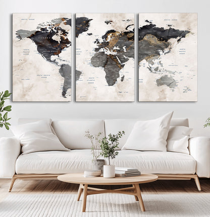 MGV-CV-60X30-3P - World Map Wall Art Canvas Print, Framed Rustic Map Art Picture Print, Antique Map Perfect Rustic Explorer Decor Artwork