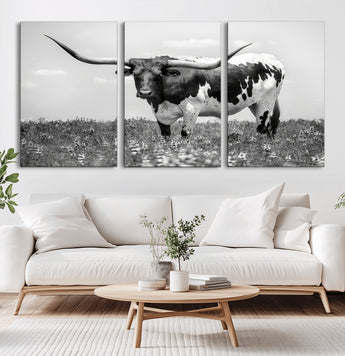 83785-MGV-CV-36X24-Texas Longhorn Wall Art Canvas Print, Framed Horned Bull Art Picture Print, Monochrome Cattle Perfect Rustic Western Decor Artwork