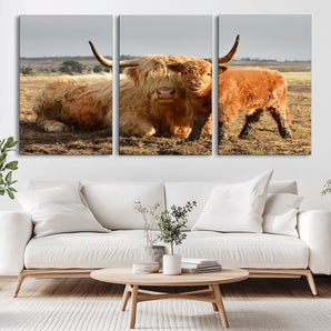 88780-MGV-CV-36X24-Highland Cow Wall Art Canvas Print, Framed Cow Calf Art Picture Print, Scottish Cattle Perfect Rustic Farmhouse Decor Artwork