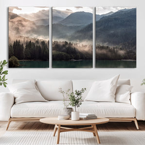 64758-MGV-CV-36X24-Misty Mountains Wall Art Canvas Print, Framed Moody Pines Art Picture Print, Forest Lake Perfect Moody Alpine Decor Artwork