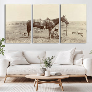 29704-MGV-CV-36X24-Vintage Cowboy Wall Art Canvas Print, Framed Grazing Horses Art Picture Print, Western Horses Perfect Rustic Western Decor Artwork
