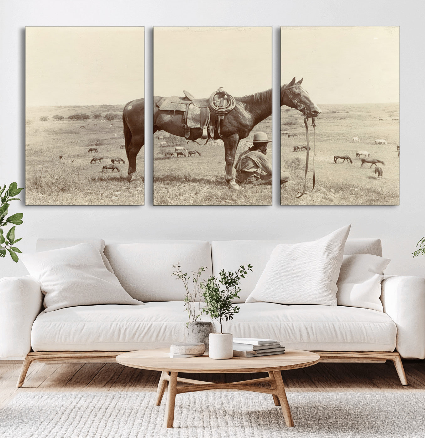 29704-MGV-CV-36X24-Vintage Cowboy Wall Art Canvas Print, Framed Grazing Horses Art Picture Print, Western Horses Perfect Rustic Western Decor Artwork