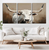 63550-MGV-CV-36X24-Texas Longhorn Wall Art Canvas Print, Framed White Bull Art Picture Print, Horned Cattle Perfect Rustic Western Decor Artwork