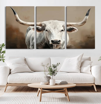 63550-MGV-CV-36X24-Texas Longhorn Wall Art Canvas Print, Framed White Bull Art Picture Print, Horned Cattle Perfect Rustic Western Decor Artwork