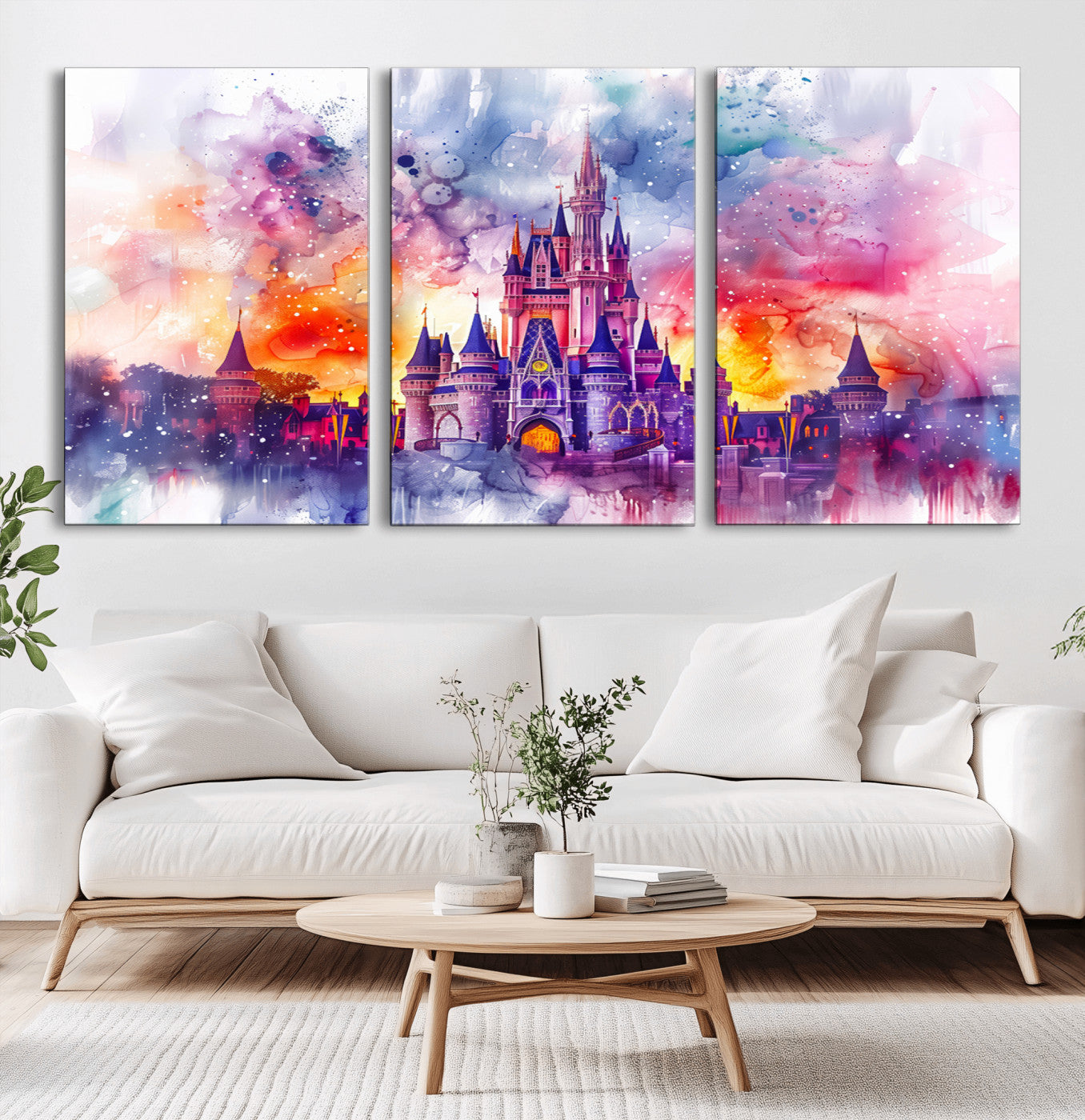 80707-MGV-CV-36X24-Cinderella Castle Wall Art Canvas Print, Framed Watercolor Sky Art Picture Print, Magic Kingdom Perfect Whimsical Fairytale Decor