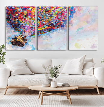 18792-MGV-CV-60X30-3P-Up Movie House Wall Art Canvas Print, Framed Carls Journey Art Picture Print, Up Inspired Perfect Animated Whimsical Decor Artwork