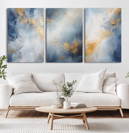 41836-MGV-CV-60X30-3P-Abstract Gold Wall Art Canvas Print, Framed Blue Layers Art Picture Print, Elegant Cloud Perfect Elegant Minimalist Decor Artwork