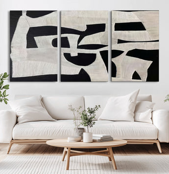 33714-MGV-CV-36X24-Monochrome Design Wall Art Canvas Print, Framed Modern Linework Art Picture Print, Textured Shapes Perfect Monochrome Modern Decor