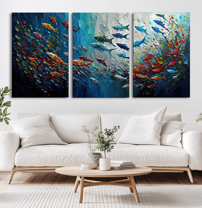 89626-MGV-CV-60X30-3P-Fish Swarm Wall Art Canvas Print, Framed Abstract Ocean Art Picture Print, Underwater Life Perfect Vibrant Coastal Decor Artwork