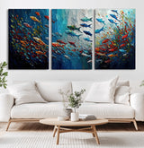 89626-MGV-CV-36X24-Fish Swarm Wall Art Canvas Print, Framed Abstract Ocean Art Picture Print, Underwater Life Perfect Vibrant Coastal Decor Artwork