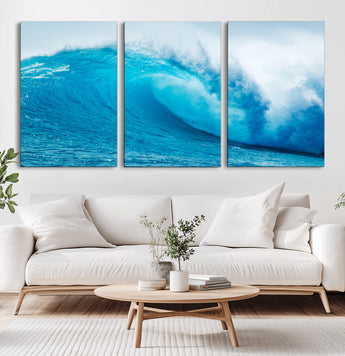 15566-MGV-CV-60X30-3P-Ocean Wave Wall Art Canvas Print, Framed Curling Wave Art Picture Print, Vibrant Surf Wave Perfect Coastal Surf Decor Artwork