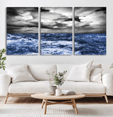 91043-MGV-CV-36X24-Stormy Ocean Wall Art Canvas Print, Framed Moody Seascape Art Picture Print, Monochrome Sea Perfect Coastal Drama Decor Artwork