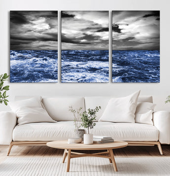 91043-MGV-CV-36X24-Stormy Ocean Wall Art Canvas Print, Framed Moody Seascape Art Picture Print, Monochrome Sea Perfect Coastal Drama Decor Artwork