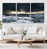 51359-MGV-CV-60X30-3P-Stormy Ocean Wall Art Canvas Print, Framed Moody Seascape Art Picture Print, Ocean Storm Perfect Dramatic Coastal Decor Artwork