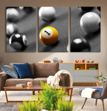 52108-MGV-CV-60X30-3P-Precision Pool Table Wall Art – Close Up Yellow 1 Ball Canvas Print, Hand-Played Billiards Game Decor for Office, Game Room, or