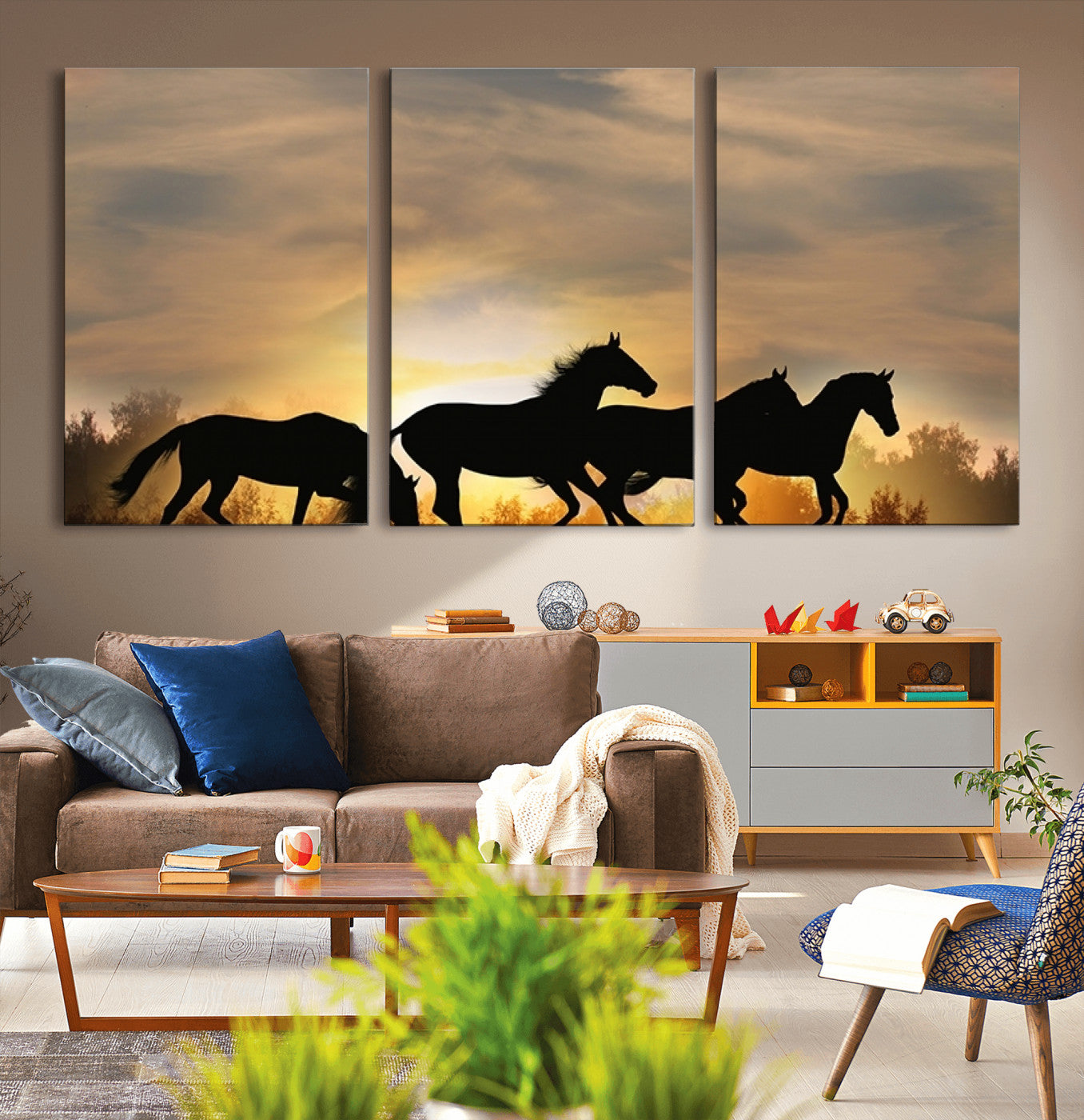 16620-MGV-CV-36X24-Sunset Stallions Wall Art – Silhouetted Horses Running Canvas Print, Nature’s Rhythm, Perfect for Living Room, Office, or Man Cave