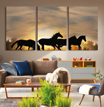 16620-MGV-CV-36X24-Sunset Stallions Wall Art – Silhouetted Horses Running Canvas Print, Nature’s Rhythm, Perfect for Living Room, Office, or Man Cave