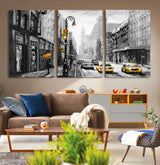 32362-MGV-CV-36X24-NYC Street Wall Art – Black and White Cityscape with Yellow Taxis and Umbrella Canvas Print, Urban Home Decor for Living Room or