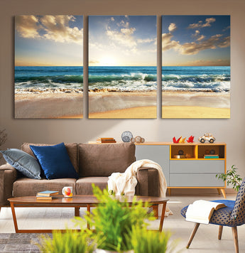 13139-MGV-CV-36X24-Sunrise Beach Wall Art – Ocean Waves and Golden Sand Canvas Print, Coastal Home Decor for Living Room, Bedroom, or Office