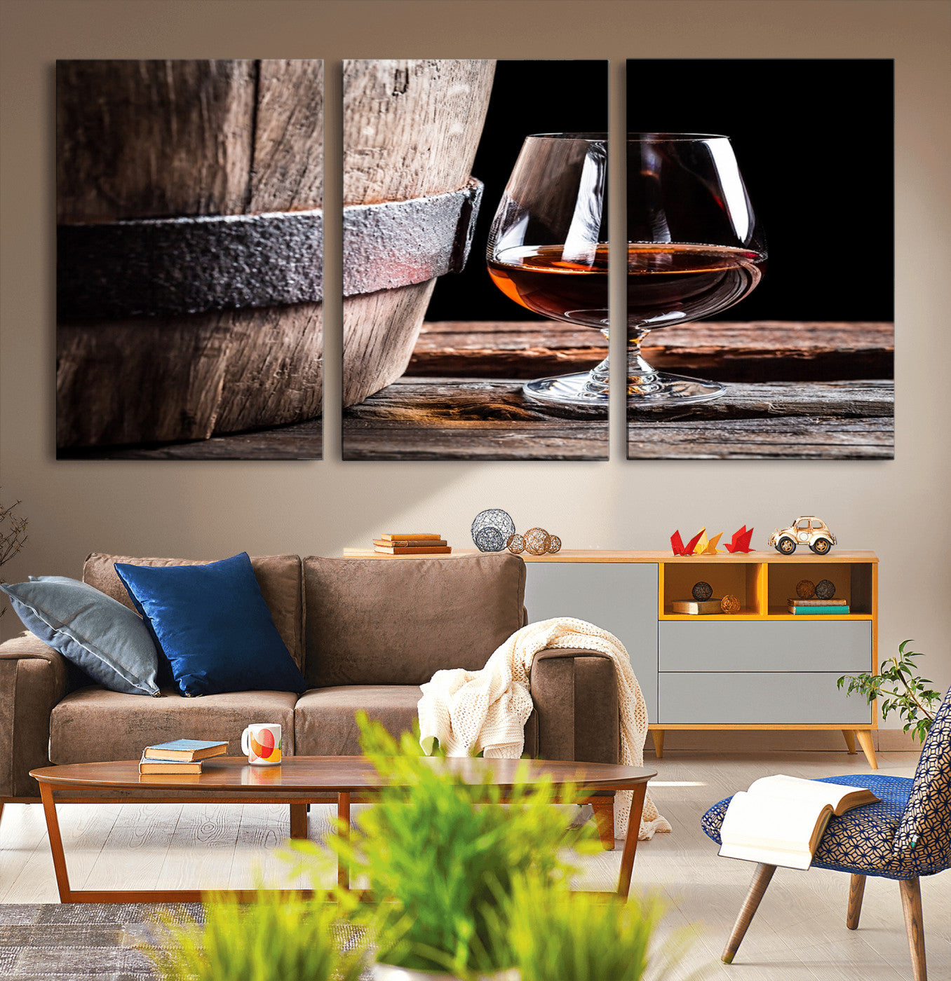 50839-MGV-CV-36X24-Barrel & Brandy Wall Art – Rustic Whiskey Barrel and Brandy Glass Canvas Print, Elegant Home Bar or Lounge Decor for Office, Man