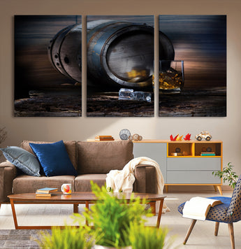 78049-MGV-CV-36X24-Whiskey Barrel Wall Art – Rustic Whiskey Barrel and Glass with Ice Canvas Print, Classic Bar or Lounge Decor for Home, Office, or