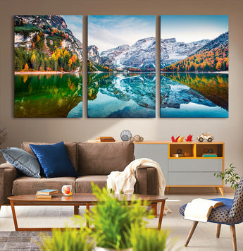 10402-MGV-CV-36X24-Snowy Mountain Lake Wall Art – Autumn Landscape Canvas Print with Reflection, Nature Decor for Living Room, Office, Bedroom or