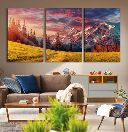 83947-MGV-CV-36X24-Sunset Mountain Landscape Wall Art – Panoramic Alpine Meadow and Snow Capped Peaks Canvas Print, Nature Scenic Decor for Home,