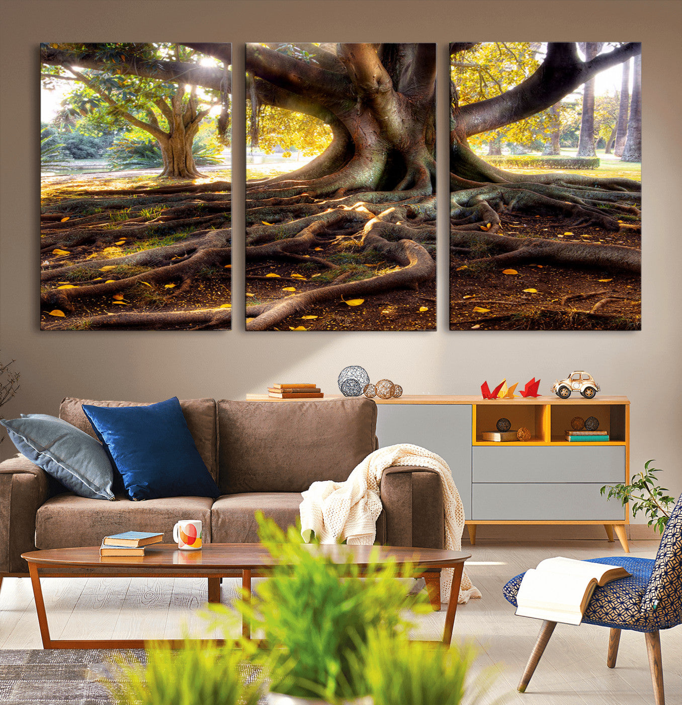53335-MGV-CV-36X24-Majestic Tree with Sprawling Roots Wall Art – Serene Sunlit Park Scene, Nature Canvas Print, Perfect for Living Room, Office or