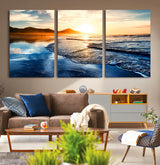86173-MGV-CV-36X24-Golden Sunset Beach Wall Art – Reflective Ocean Canvas Print with Mountains and Waves, Coastal Nature Decor for Living Room,
