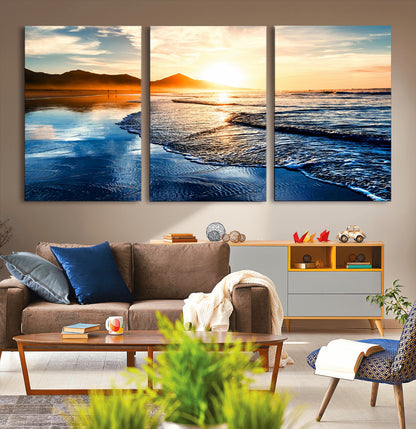 86173-MGV-CV-36X24-Golden Sunset Beach Wall Art – Reflective Ocean Canvas Print with Mountains and Waves, Coastal Nature Decor for Living Room,