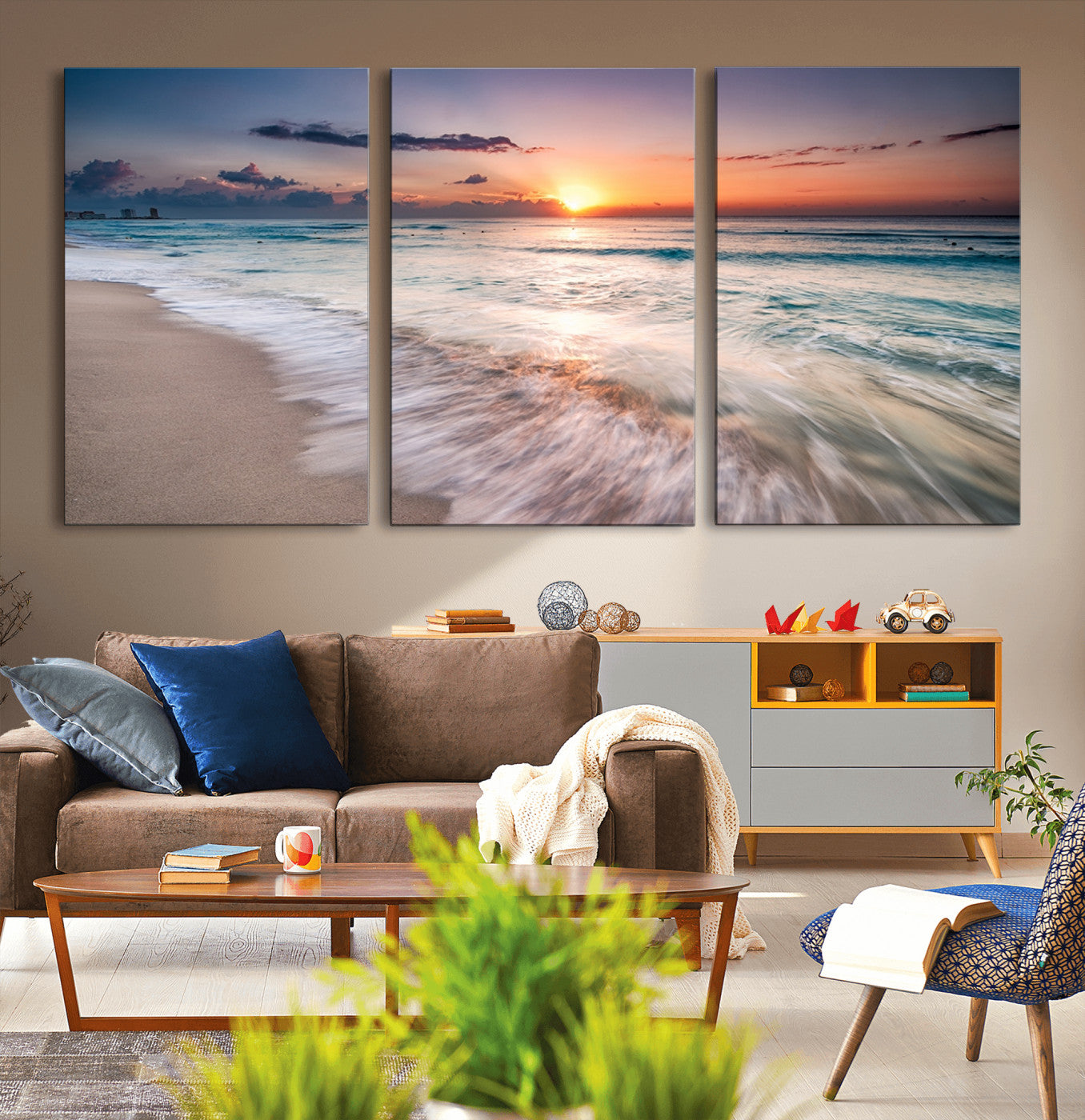 71849-MGV-CV-60X30-3P-Sunrise Ocean Beach Wall Art – Serene Seascape Canvas Print with Gentle Waves, Coastal Nature Decor for Bedroom, Living Room or